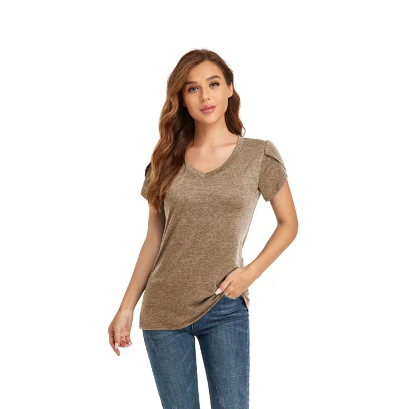Conyson Hot Wholesale Casual Style Spring Summer Plain V Neck Petal Sleeve Loose Oversize Women White Tops Short T-shirt