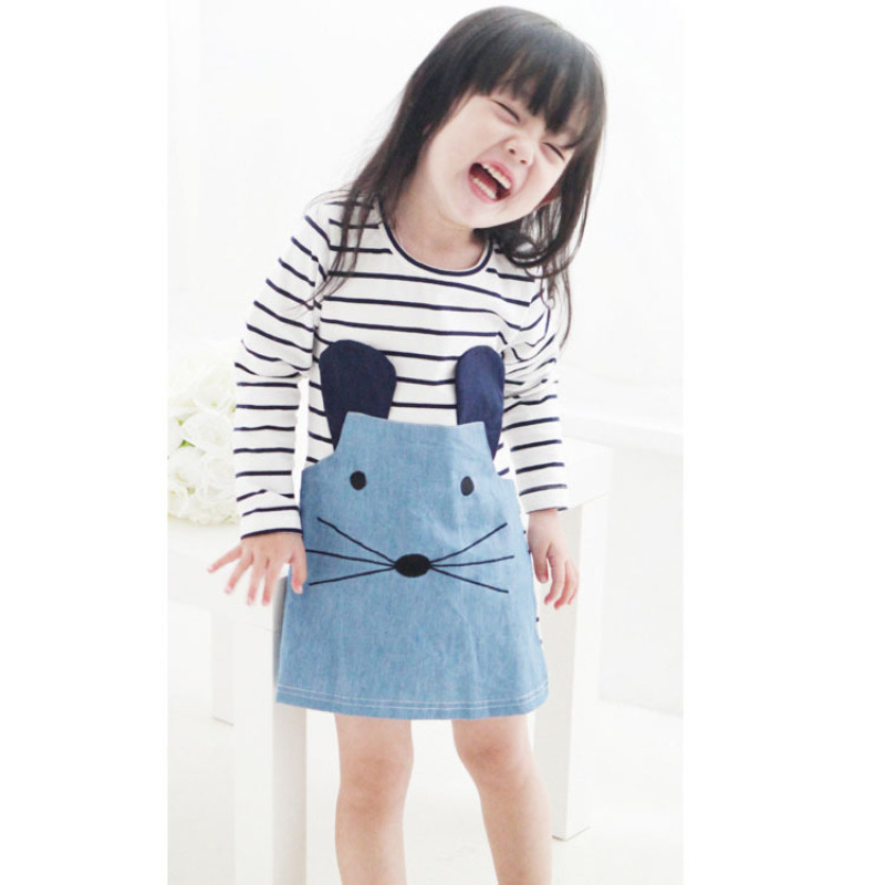 Wholesale Cute Cartoon Striped Toddler Girls Dresses Kids Girl Cotton Long Sleeve Dress