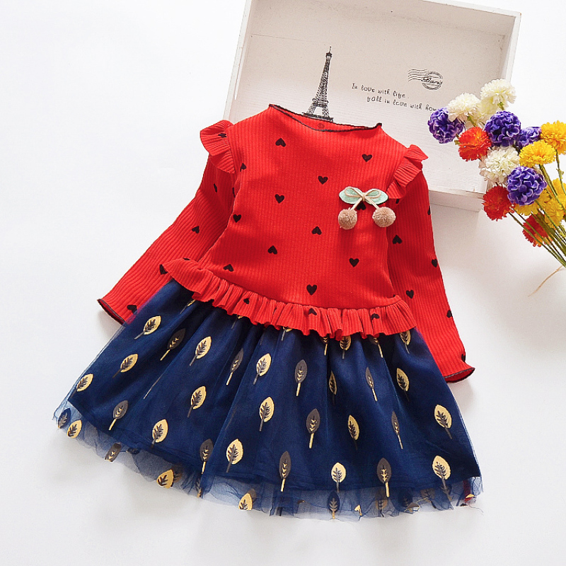 Conyson Baby Kids Children Fashion Long Sleeve Little Girl Heart Pattern Skirt Floral Printing Fluppy Princess Stitching Dress