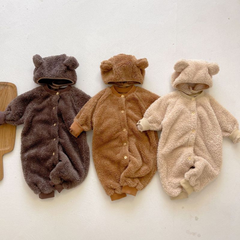 Infant Korean Soft conyson Sleepwear Baby Rompers Knitted Boys Girls bear Jumpsuits 2 Piece Toddler Kids warm hat Sleepwear