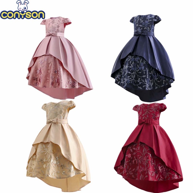 Conyson Embroidered Skirt Bow Tie Puff Sleeve Pompous Satin Princess Dress Night Party Performance Dress for Baby Girls