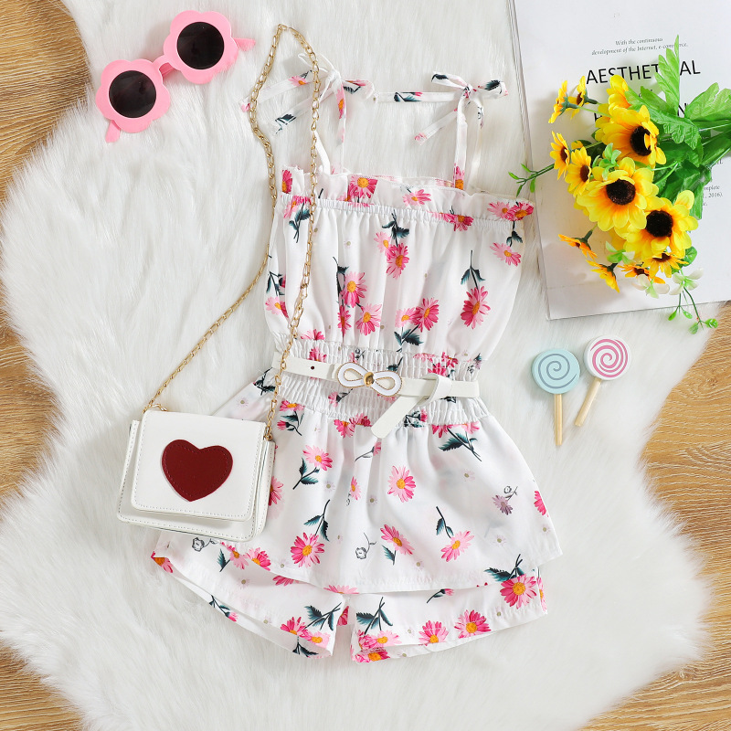 Conyson Infant Kids Girls Summer Sweet Jumpsuits Pants 0-4Y Striped/Flower Printed Strap Sleeveless Lace Up Playsuit With Belt