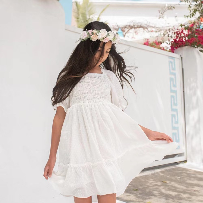 Conyson New Arrivals Summer Fashion Shirring Design Square Collar Sweet Puff Sleeve Lattice Floral Girl Formal Princess Dress