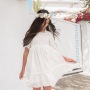 Conyson New Arrivals Summer Fashion Shirring Design Square Collar Sweet Puff Sleeve Lattice Floral Girl Formal Princess Dress