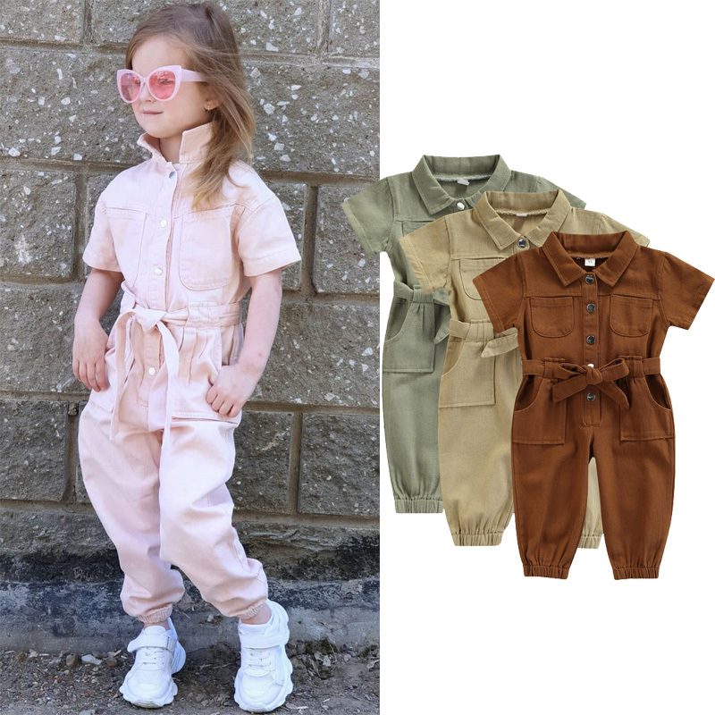 Baby Girls Denim Jumpsuit Overalls 2022 Kids Clothes Toddler Short Sleeve Lapel Pocket Long Pant Romper Children Outfit