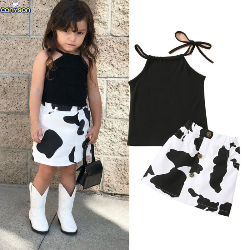 Conyson korean fashion Baby kid Girl summer cow printing skirt sleeveless cool clothes COTTON casual children wear clothing sets