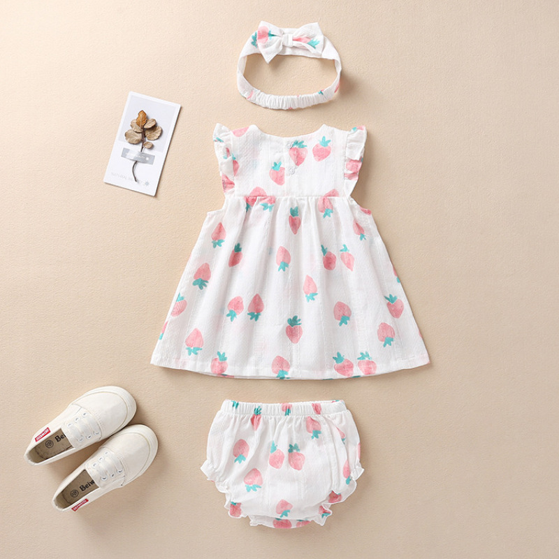 Conyson direct sales wholesale price 0-2Y bunny sleeveless ruffle floral strawberry sweet with bow 3 Pieces cute baby rompers