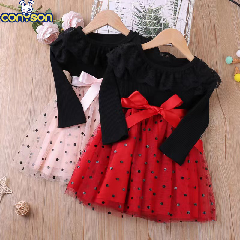 Conyson Stock Lots Spring Autumn Casual Style O-neck Long Sleeve 95% Cotton Soft DOT Lace Binding Baby Clothes Girl Dresses