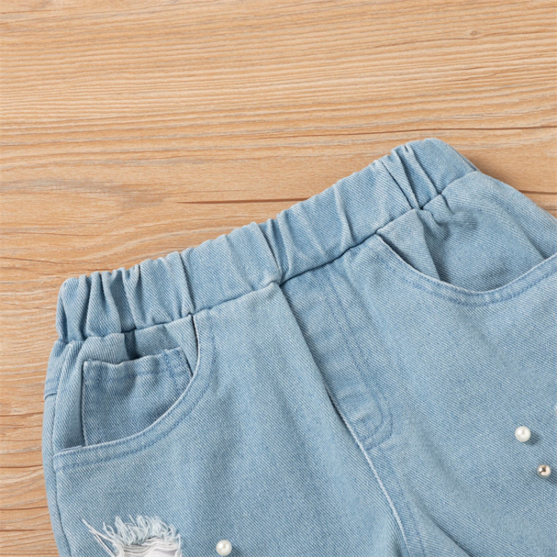 Conyson Wholesale spring autumn boutique children girls clothes hole pearl jeans sets toddler baby girls clothing sets