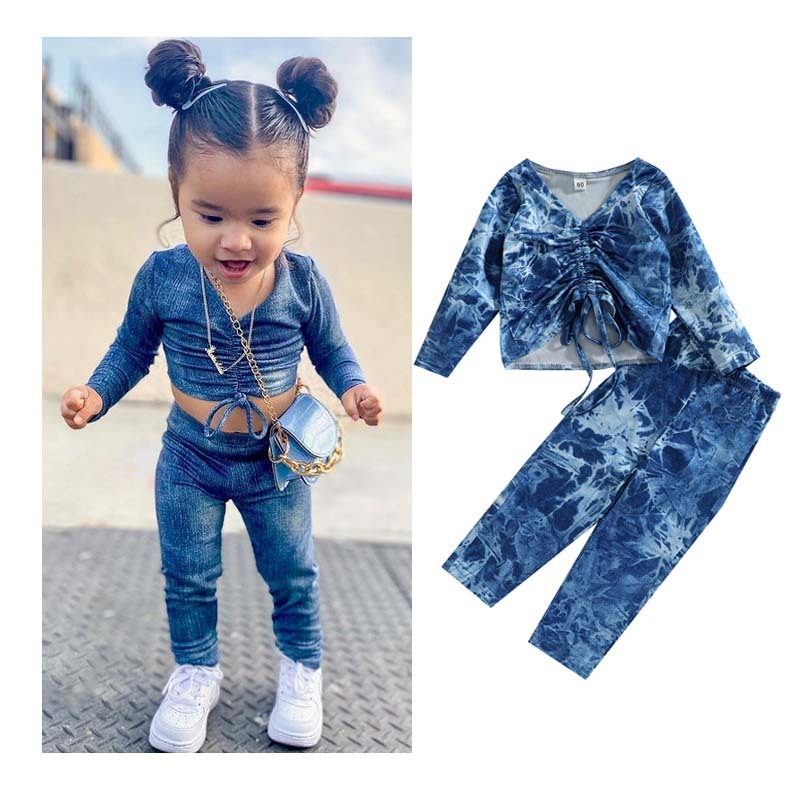 Conyson 1-6Y Summer Fashion Kids Girls 2pcs Clothes Sets Tie-Dye Printed Long Sleeve Bandage T Shirts+Pants Clothing