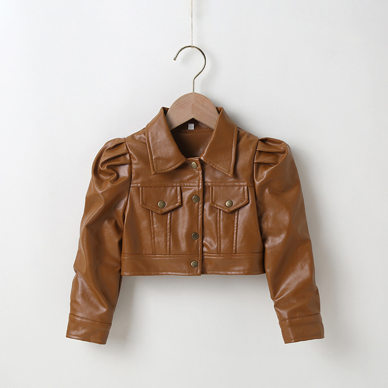 New Fashion Kids Girl Puffed Sleeve Brown Cute Black Short Pu Leather Children's Casual Handsome Motorcycle Wear Jacket