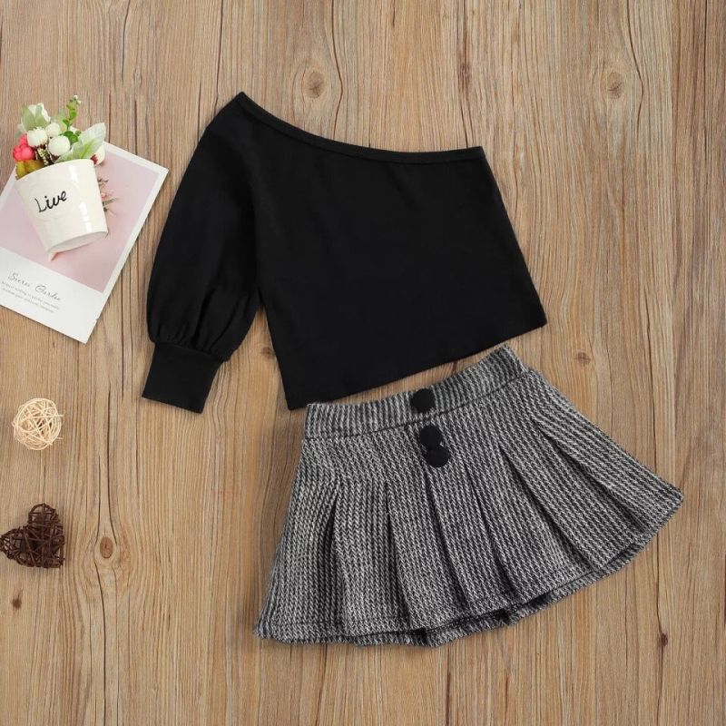 Conyson Toddler Girl One Shoulder Shirts Tops+Buttons Pleated Skirts 2pcs Set Baby Girls Long Sleeve High Waist Boutique Outfit