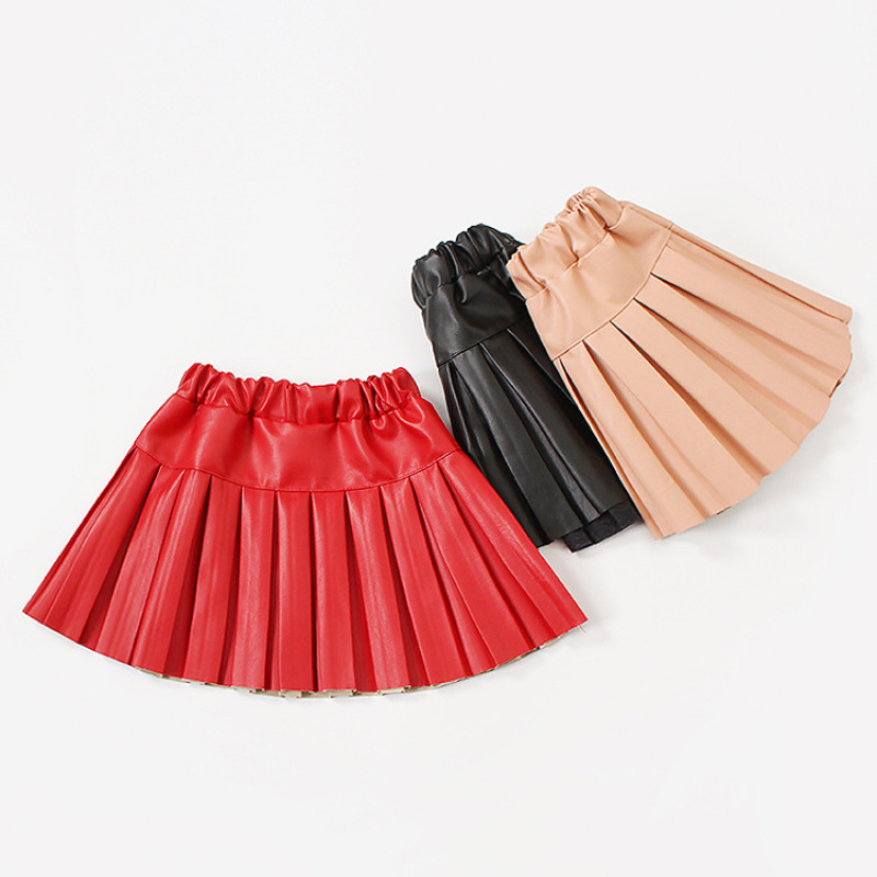 2-15years Baby Dress Girls PU Leather Pleated Skirt Baby Girl Elastic Waist Short Solid Skirts pleated skirt