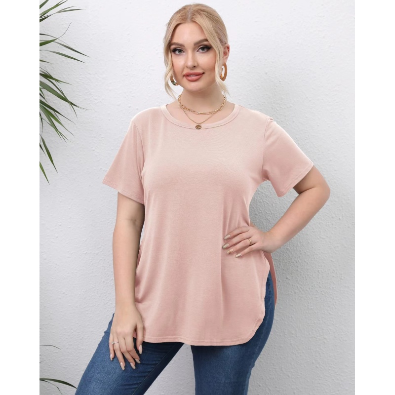 Conyson New Style High Quality Summer Casual Style 220Gsm Polyester Knitted Short Sleeve Tops Split Plain T Shirt Oversize Women