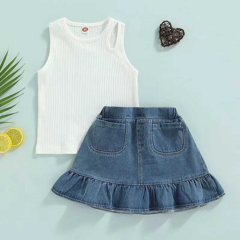 Conyson Boutique Fashion Summer Kids Girl Clothes Outfits White Sleeveless Vest Denim Flower Skirts 2 Pieces Casual Girl Suits