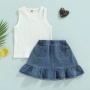 Conyson Boutique Fashion Summer Kids Girl Clothes Outfits White Sleeveless Vest Denim Flower Skirts 2 Pieces Casual Girl Suits