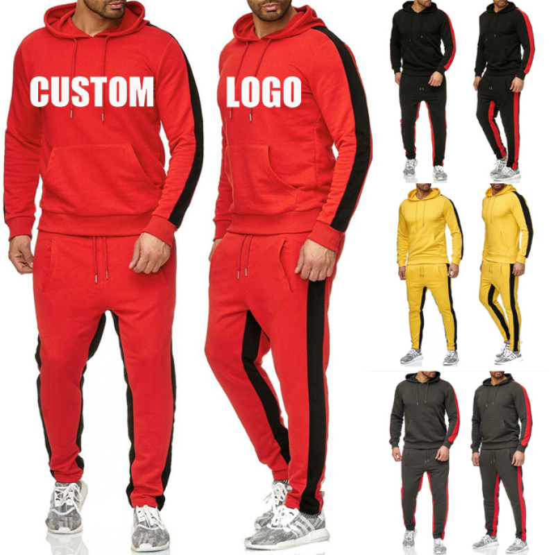 hot sale fashion custom logo adult Men Casual Solid Sports Suits Patchwork Hoodie+Pants Two Pieces Outfits Running Jogging Sets