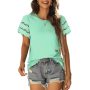 Conyson Hot Sale Spandex Polyester Fashion Lace Shirring 6 Colors Women Customizable Blank Casual T Shirt Women's T-shirts