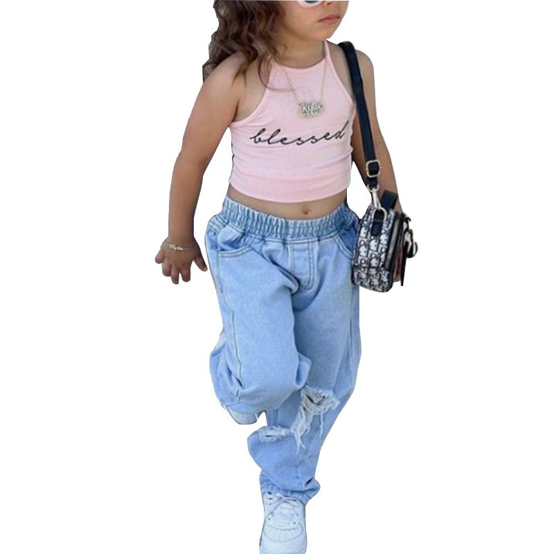 Conyson Custom Baby girl Clothing Girl Outfits Halter Short Sleeve Off Shoulder T-shirt Tops+Hole Pant Leggings 2PCS Outfit set
