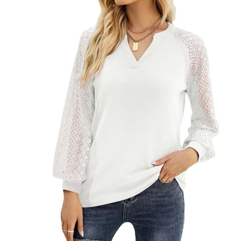 Conyson New Arrivals Spring Winter Waffle Lace Splicing Raglan Sleeve V Neck Quality Designer White Plain T-shirt Women