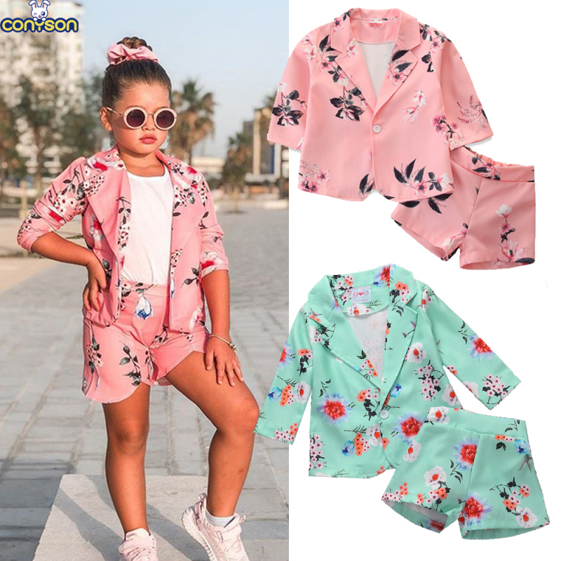 Conyson New Children Girls Long Sleeve Floral Coat Button Spring Outwear Shorts Two piece Fantasy Suit Fashion Kids Clothes Sets