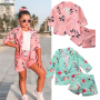 Conyson New Children Girls Long Sleeve Floral Coat Button Spring Outwear Shorts Two piece Fantasy Suit Fashion Kids Clothes Sets