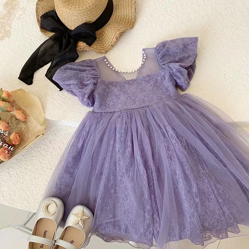 Conyson New Design Wholesale Price Solid Birthday Wedding Party Wear Flower Dresses Baby Girls Bowknot Purple Princess Dress