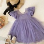 Conyson New Design Wholesale Price Solid Birthday Wedding Party Wear Flower Dresses Baby Girls Bowknot Purple Princess Dress