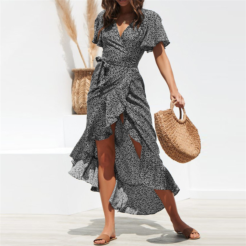 Conyson Wholesale Short Sleeves Prom Elegant V-neck Fashion Ruffles Polka Dot Floral Maxi Split Beach Lady Casual Women Dresses