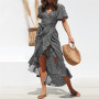 Conyson Wholesale Short Sleeves Prom Elegant V-neck Fashion Ruffles Polka Dot Floral Maxi Split Beach Lady Casual Women Dresses