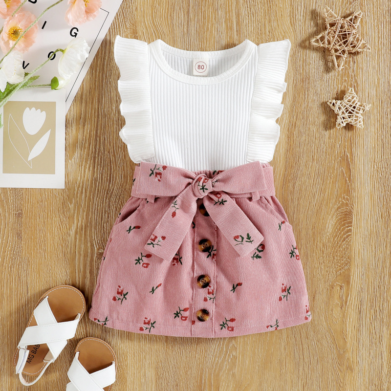 Conyson Girls new infant pit fly sleeve floral corduroy  two-piece skirt Lovely Kid Baby Girls Cotton Boutique Suit Outfits