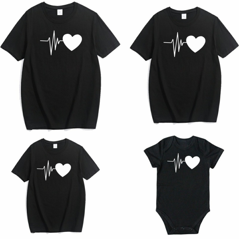 Conyson Hot Sale Family Couples Matching Parent Outfit Dad Mom Baby Girls And Me Heartbeat Printed Man Woman Kids Clothes Shirt