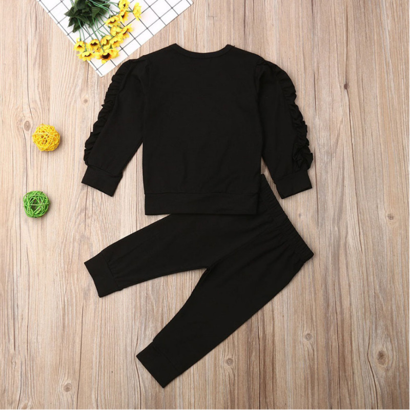 Custom Logo Girl Clothing Solid Colors Ruffles Pleated Long Sleeve Tops Pants Two Piece Outfits Cute Pajamas Sleepwear Sets