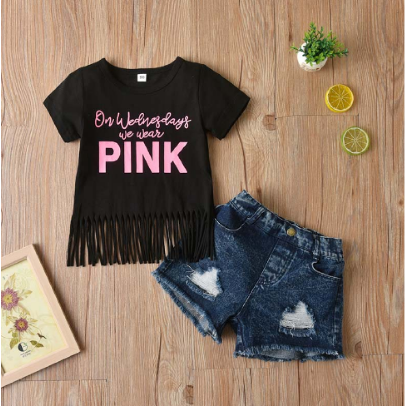 Conyson latest boutique summer fashion style Infant baby casual suit Children's Girl denim shorts Kids wear short Clothing Sets