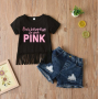 Conyson latest boutique summer fashion style Infant baby casual suit Children's Girl denim shorts Kids wear short Clothing Sets