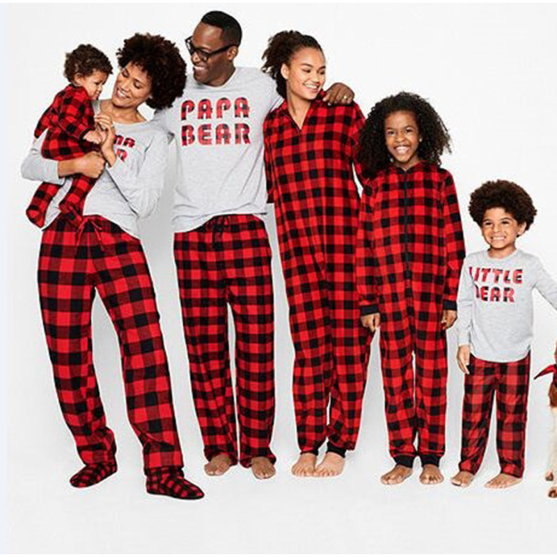 High Quality Custom 2 Pieces Knitted Kids Sleepwear mommy and me Plaid Pajamas Christmas Nightwear Sets