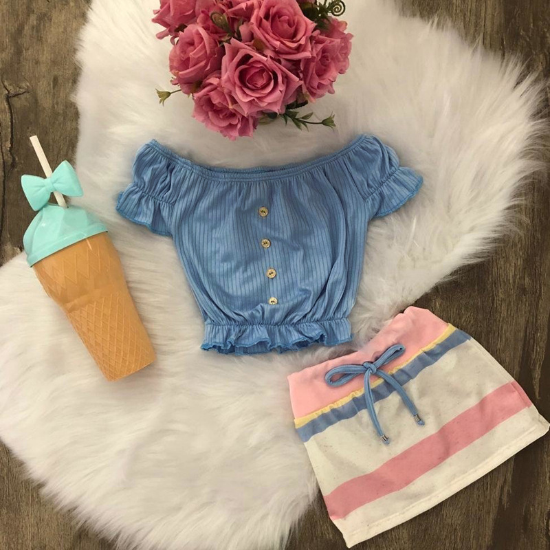 wholesale 2021 Popular Summer sweet children Print off-the-shoulder short Sleeve 2pcs baby Girl A-line band skirt clothing sets
