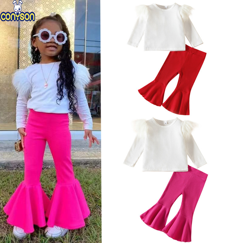 Conyson Boutique 1-5Y Greate Design Girls clothing Sets 2023 New Flocky top-Flared pants two-piece girls' autumn Girls suits