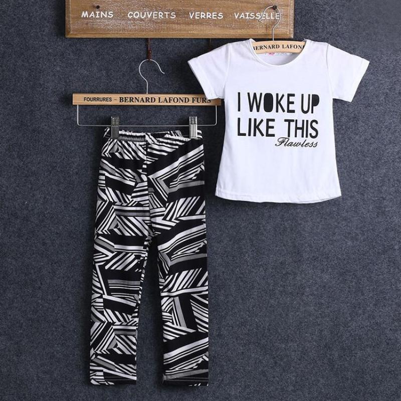Conyson Hot Kids Summer Clothes Fashion Short Sleeve Letter Printed T-shirts+ Stripes Plaid Pants 2Pcs Baby Girls Clothing Set