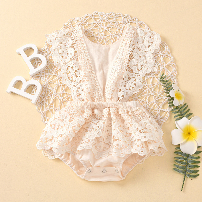 Summer Newborn Solid Color Halter Infant Baby Girls Romper Beige Color Lace Romper Baby Clothes