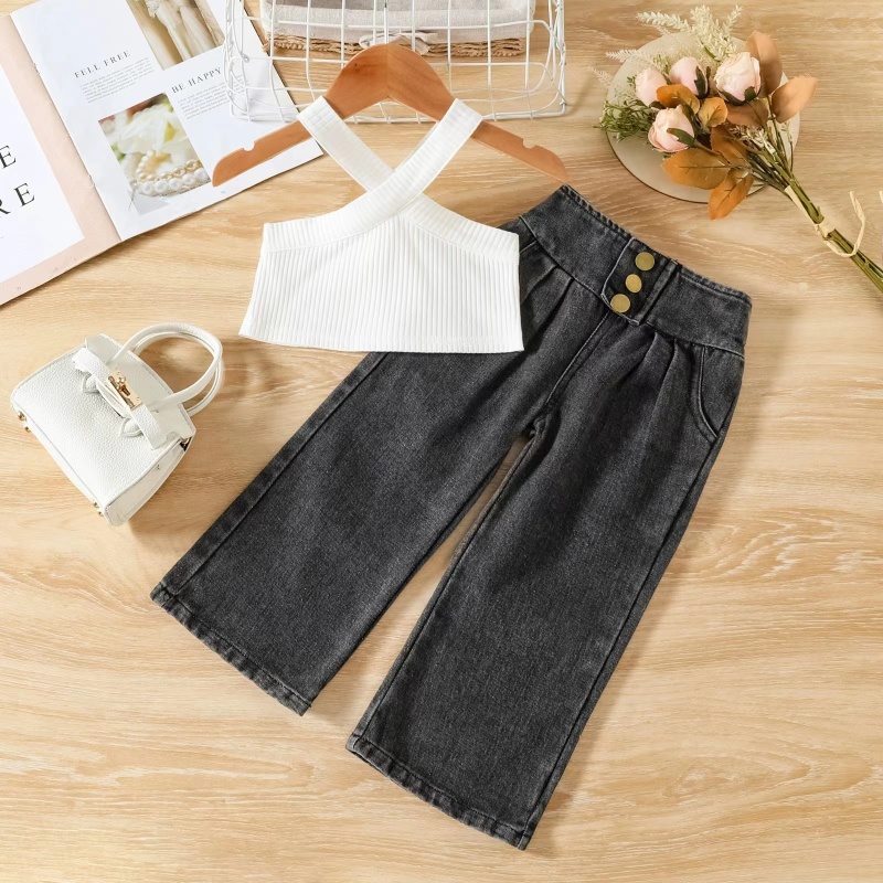 Conyson Newest Fashion Style Summer Cross Off-the-shoulder Halter-neck Tank Top And High Waist Jeans Kids Two Piece Cotton Set