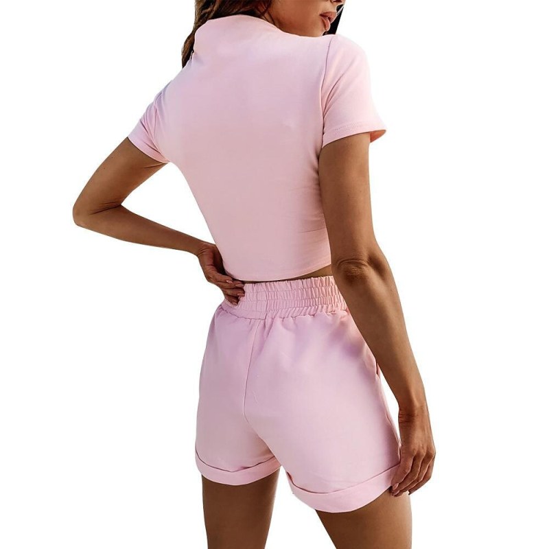 Factory price rts fashion summer Custom logo women designer suit clothes 2 pieces adult high-waisted t-shirt shorts clothing Set