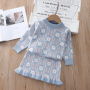 Lovely Knitted Geometric Oneck Sweater Skirt Two Piece Baby Girl Suit Long Sleeve Pullover Top Ruffles Mini Skirts Sets