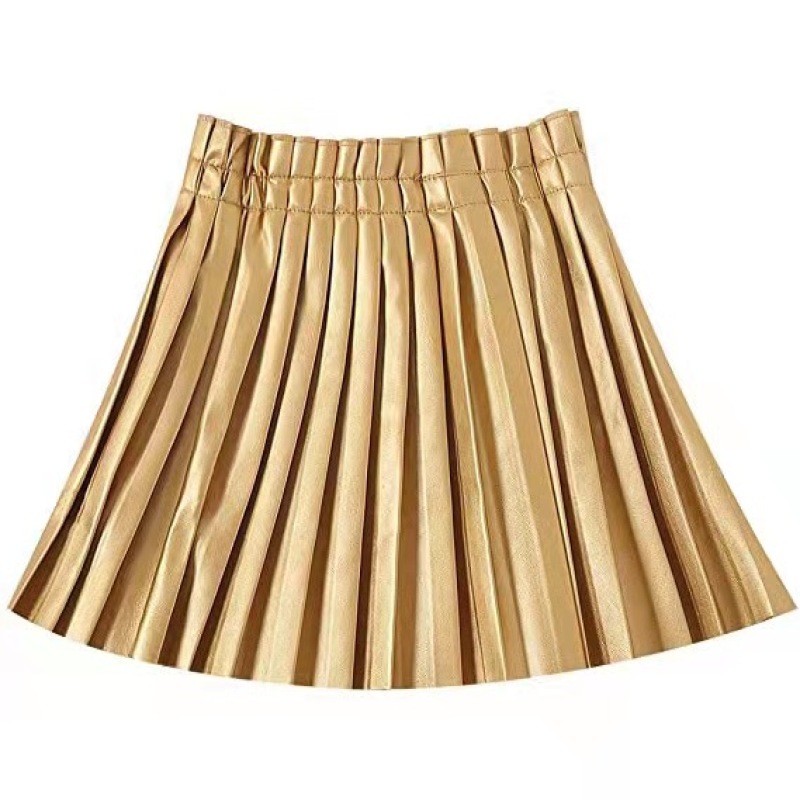Conyson New design Summer Baby Girls Pu Leather Solid Pleated Skirt Elastic Waist Short Skirts pleated skirt