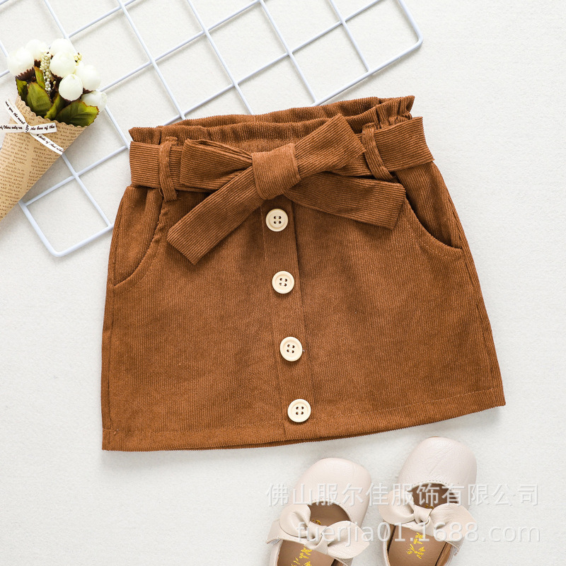 Conyson Wholesale Kids Clothes Spring Autumn Korean Velvet Button Belt bow Baby Girls Stripes Pocket Skirt Boutique Outfit Dress