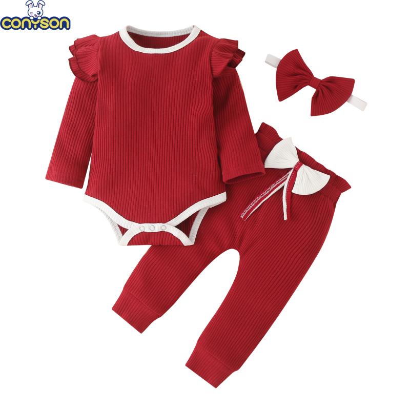 Conyson hot sale fashion Three-piece Jumpsuit Striped Color Long-sleeved Bow Baby clothes kids Cotton Clothing Set Baby Romper