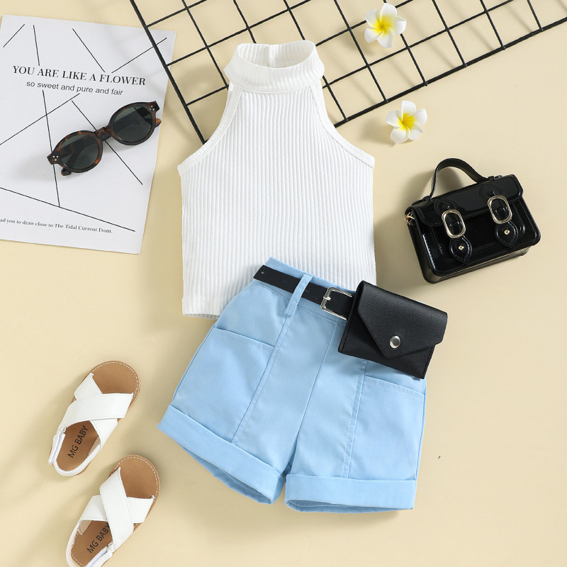 Conyson Wholesale Hot Summer Fashion Baby Girls Clothes Sets Solid Sleeveless Halter Knit Vest+Shorts With Belt Bags Casual Suit