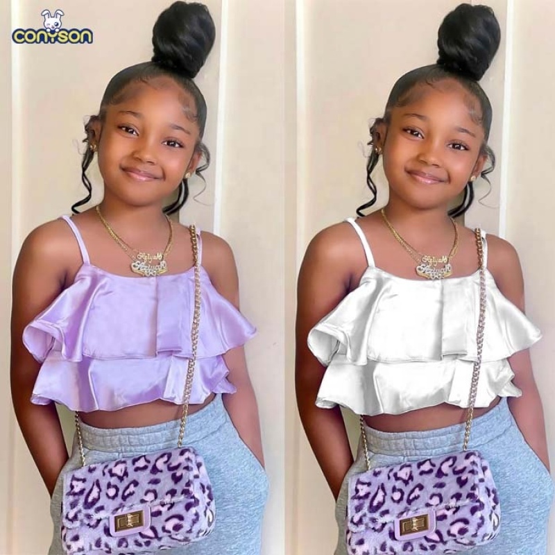 Conyson Designer Summer White Kid Girl Blouse Frill Bottoms Silk Vest Tops Solid Sleeveless Ruffle Baby Girls Crop Halter Top