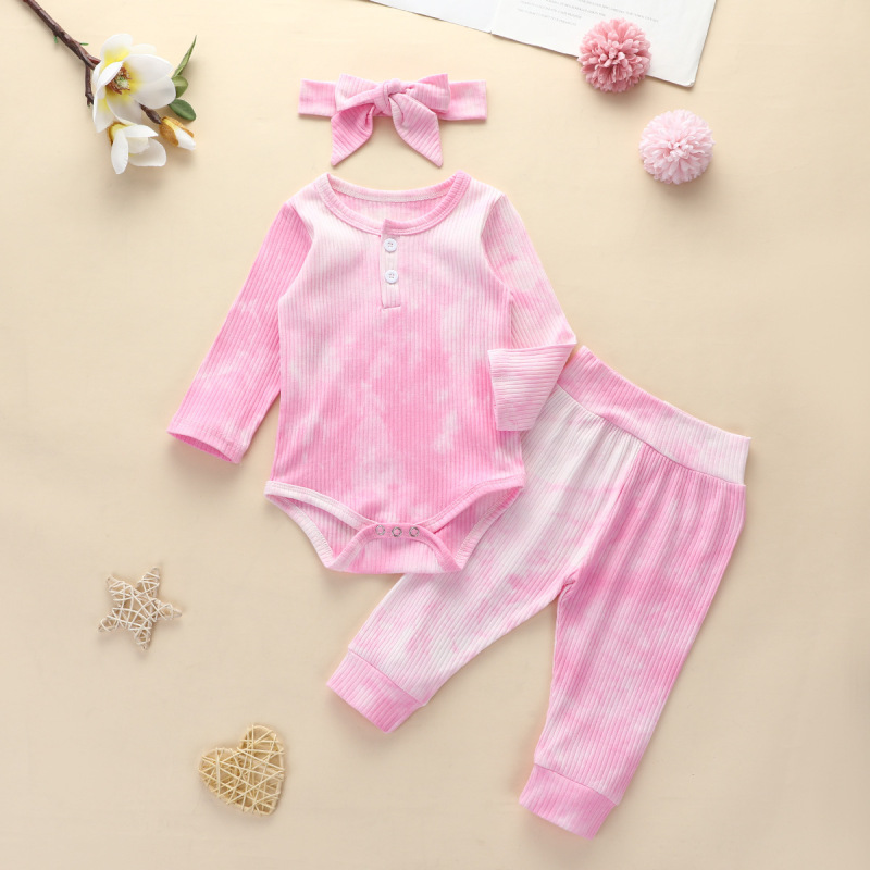 Conyson Wholesale Kids Clothes Spring Long Sleeve Tie -dye Pullover Pants with Headband Unisex 3Pcs Toddler Baby Clothing Set