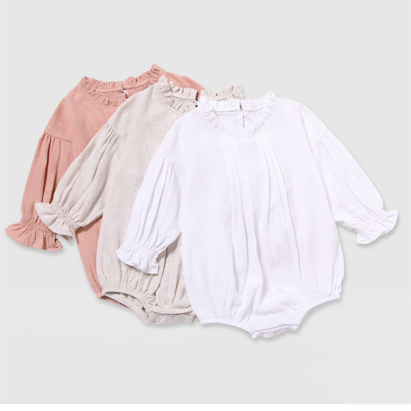 Conyson Wholesale New Kids Baby Clothes Spring Summer Long Sleeve One-piece Solid Linen Baby Girls Jumpsuit Colorful Rompers